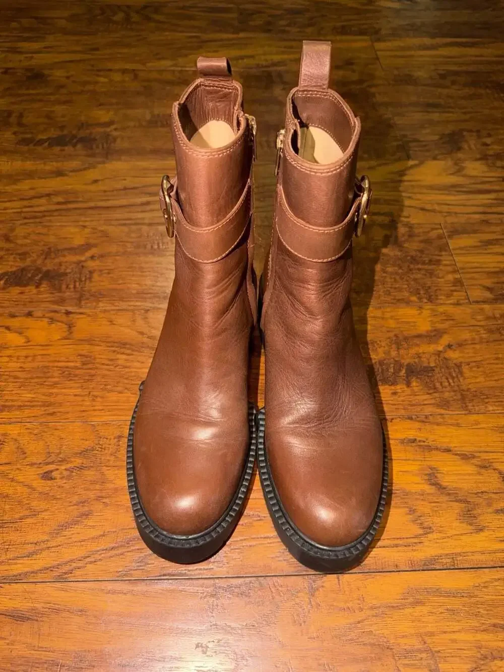 Coach Brown Leather Lug Sole Buckle Booties